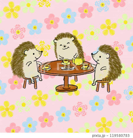 小花模様のバックにかわいいハリネズミのお茶会 小花模様のバックにかわいいハリネズミのお茶会 119580783