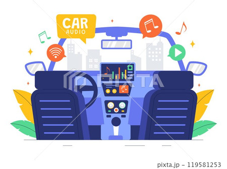 Car Audio Vector Illustration featuring a Musical Car, Loudspeakers, Sound System, and Music Automobile in a Flat Style Cartoon Background 119581253