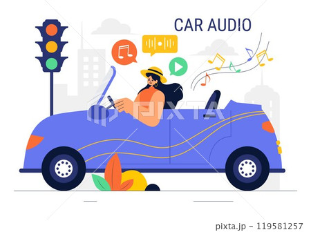 Car Audio Vector Illustration featuring a Musical Car, Loudspeakers, Sound System, and Music Automobile in a Flat Style Cartoon Background 119581257