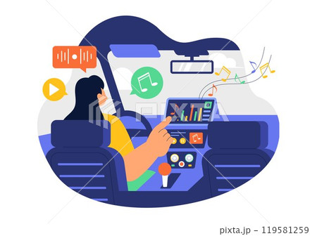 Car Audio Vector Illustration featuring a Musical Car, Loudspeakers, Sound System, and Music Automobile in a Flat Style Cartoon Background Car Audio Vector Illustration featuring a Musical Car, Loudspeakers, Sound System, and Music Automobile in a Flat Style Cartoon Background 119581259