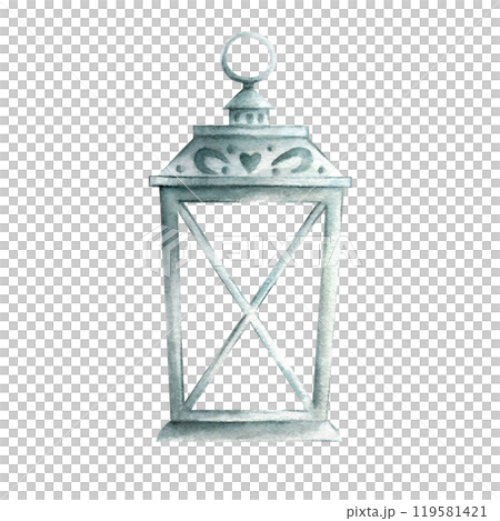 Retro metal lantern. Old vintage steel lamp clipart. Hand drawn watercolor isolated illustration on white. Ornamental element for greeting cards template, stickers, festive packaging and designs. 119581421