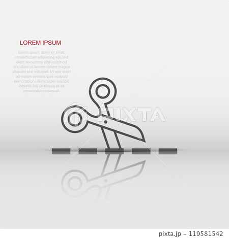 Scissor with cutting line icon in flat style. Cut equipment vector illustration on white isolated background. Cutter business concept. 119581542