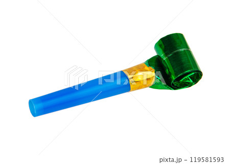 Carnival bright blue green color festive noisemaker or party whistle horn isolated on the white background 119581593