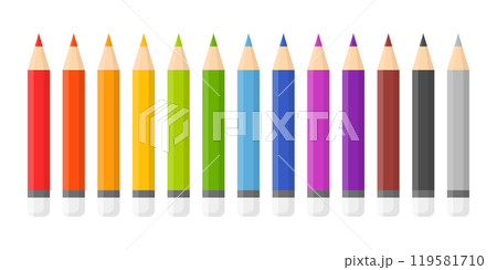 Colorful pencil icon set in flat style. Crayon vector illustration on isolated background. Drawing equipment sign business concept. 119581710