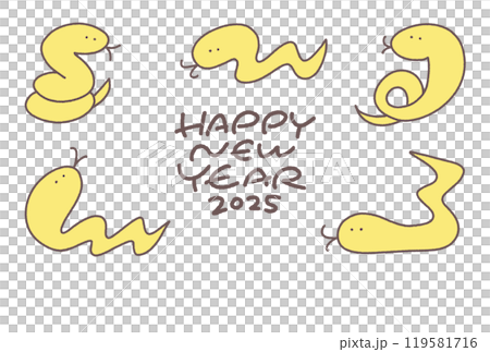 Hand-drawn New Year's cards with snakes in various poses 2025 Year of the Snake 119581716