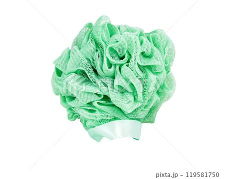 Green puff sponge for shower bath isolated on the white background 119581750