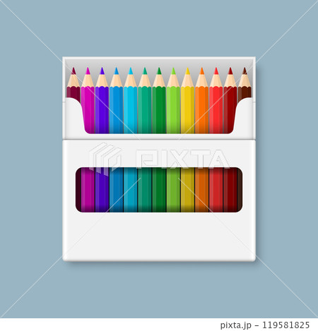 Colorful pencil box mockup icon set in flat style. Crayon vector illustration on isolated background. Drawing equipment sign business concept. 119581825