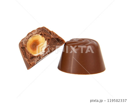 Chocolate candy sweet with hazelnut isolated on the white background 119582337