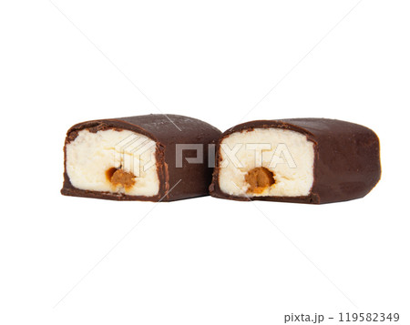 Chocolate glazed curd bar isolated on the white background 119582349