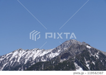 5月上旬の立山黒部アルペンルート　黒部平から後立山連峰（赤沢岳　鳴沢岳）の眺め 119582387