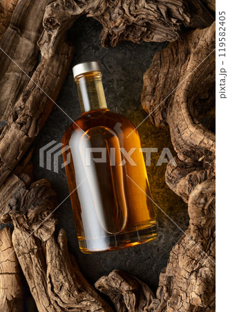 Bottle of whiskey and old dried snags. 119582405