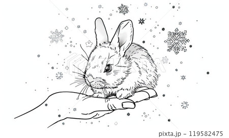 Small fluffy cute rabbit on the hand and snowflakes around. Coloring page. Extremely simple pencil line drawing Small fluffy cute rabbit on the hand and snowflakes around. Coloring page. Extremely simple pencil line drawing 119582475