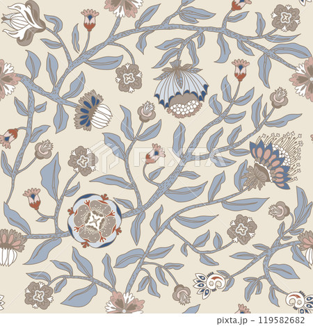 Earthy colour floral seamless pattern. Repeating design of stylised flowers and leaves. 119582682