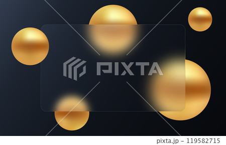 Website landing page template in glass morphism style. Frosted glass partition with floating golden spheres on dark background 119582715