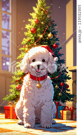 サンタクロースの服を着たアニメ調のプードルとクリスマスツリー 119582805