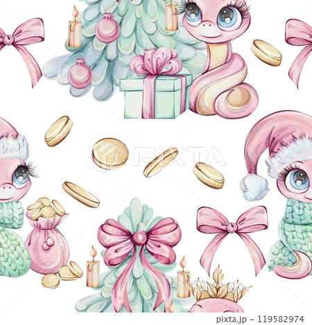 Pink snake girl princess with christmas tree and gift, gold coins watercolor seamless pattern on white background. Symbol wealth of Chines New Year 2025 in cute cartoon style for souvenirs, printing 119582974