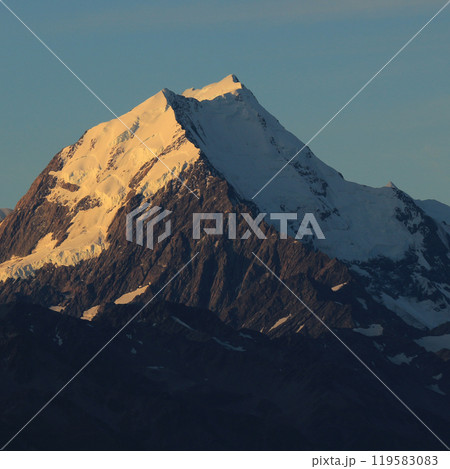 Peak of Mount Cook at sunset, highest mountain of the Southern Alps.. 119583083