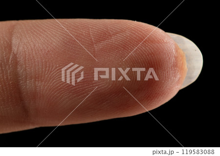 Clean normal fingerprint without color or dirty. Clean fingerprint to show texture detail of uneven finger print and scratch skin, black background isolated 119583088