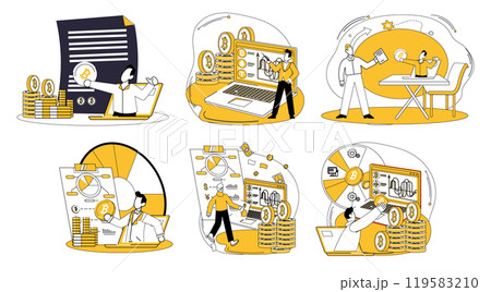 Crypto education. Various scenes display aspects of cryptocurrency, blockchain, and data analysis. Ideal for beginners, investors, educators, analysts, and developers seeking a visual introduction 119583210