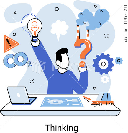 Problem solving metaphor, wondering or thinking, planning or pondering, with question mark. Creative thought idea. Brainstorming, idea and fantasy, motivation and inspiration, finding solution, answer 119583211