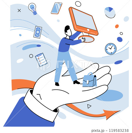 Smart tech savy person working on laptop. Introduces modern technologies and knowledge into company workflow. Technology conference, business training. Businessman with computer and briefcase Smart tech savy person working on laptop. Introduces modern technologies and knowledge into company workflow. Technology conference, business training. Businessman with computer and briefcase 119583238