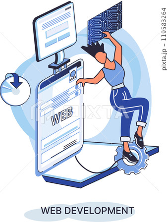 Web development metaphor, coding and programming responsive layout internet site or app of devices. Creation digital Software mobile, desktop platforms. Computer code, tablet, phone, digital business 119583264