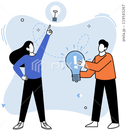 Search business ideas. Collaboration brainstorming and meeting of creative people with light bulb. Finding new solutions to tasks, office workers share ideas. Team brainstorming, idea management Search business ideas. Collaboration brainstorming and meeting of creative people with light bulb. Finding new solutions to tasks, office workers share ideas. Team brainstorming, idea management 119583267
