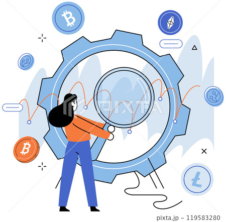 Woman with loupe analyzes charts and strategies at work. Employee studying investment, cash flow and profit of company, looking at report with graph and diagrams. Investment, analysis and trading Woman with loupe analyzes charts and strategies at work. Employee studying investment, cash flow and profit of company, looking at report with graph and diagrams. Investment, analysis and trading 119583280