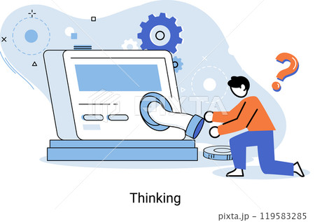 Problem solving metaphor, wondering or thinking, planning or pondering, with question mark. Creative thought idea. Brainstorming, idea and fantasy, motivation and inspiration, finding solution, answer 119583285