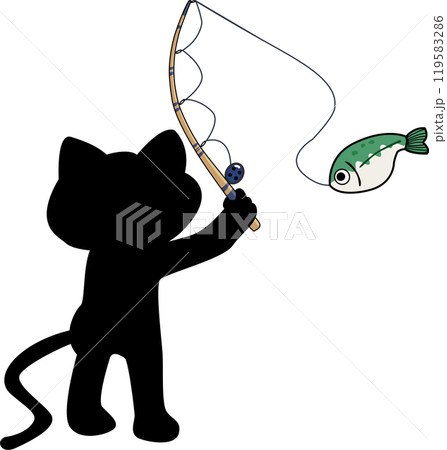 Cute black cat fishing animal hand drawn style.  119583286