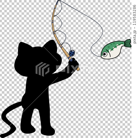 Cute black cat fishing animal hand drawn style.  119583286