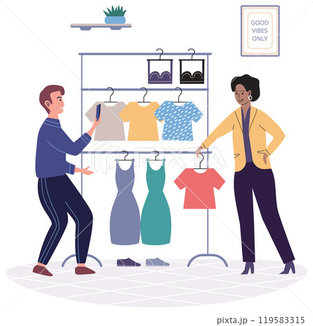 Man with smartphone chooses garment while shopping in online boutique. Guy with mobile phone looks at clothes in clothing store. Happy customer buying and making payments with digital gadget Man with smartphone chooses garment while shopping in online boutique. Guy with mobile phone looks at clothes in clothing store. Happy customer buying and making payments with digital gadget 119583315