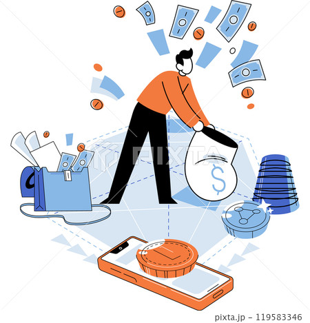 Crypto currency mining. Cryptocurrency concept with miner and coins. Young man collects money in bag working in bitcoin mine. Blockchain transaction technology concept, virtual money market Crypto currency mining. Cryptocurrency concept with miner and coins. Young man collects money in bag working in bitcoin mine. Blockchain transaction technology concept, virtual money market 119583346