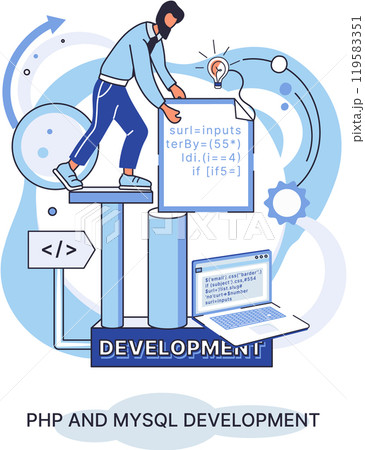 PHP and MySql development metaphor. Software website developer with computer, programmer service, open source general purpose programming language. Scripting web applications allows to create programs 119583351