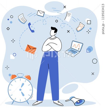 Person using laptop standing near big alarm clock with business icons, work online with digital technology, remote office with computer, distant communication with colleagues. Time management 119583413