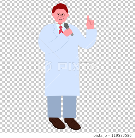 白衣を着たメガネの男性がマイクを使って演説している全身のイラスト 119583586