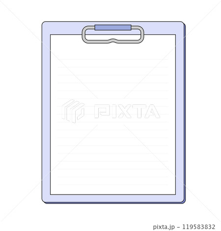 シンプルなクリップボードのフレームイラスト。大きなクリップが付いたボードに紙が挟まったメモ用紙。 シンプルなクリップボードのフレームイラスト。大きなクリップが付いたボードに紙が挟まったメモ用紙。 119583832
