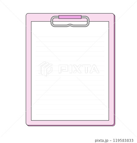 シンプルなクリップボードのフレームイラスト。大きなクリップが付いたボードに紙が挟まったメモ用紙。 シンプルなクリップボードのフレームイラスト。大きなクリップが付いたボードに紙が挟まったメモ用紙。 119583833