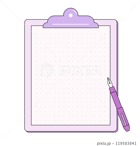 クリップボードの上にペンが置かれているイラスト。文字が入れれるコピースペースのあるフレーム。 クリップボードの上にペンが置かれているイラスト。文字が入れれるコピースペースのあるフレーム。 119583841