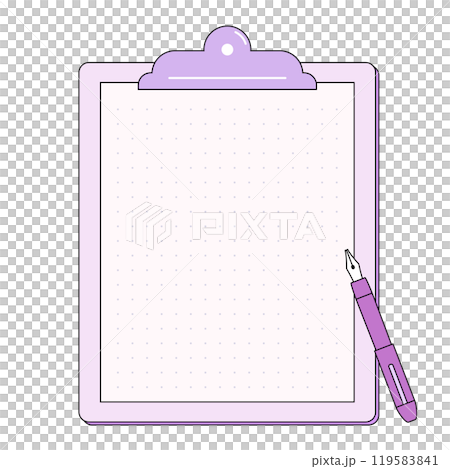 クリップボードの上にペンが置かれているイラスト。文字が入れれるコピースペースのあるフレーム。 クリップボードの上にペンが置かれているイラスト。文字が入れれるコピースペースのあるフレーム。 119583841