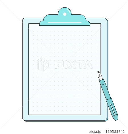 クリップボードの上にペンが置かれているイラスト。文字が入れれるコピースペースのあるフレーム。 119583842