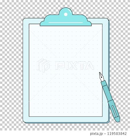 クリップボードの上にペンが置かれているイラスト。文字が入れれるコピースペースのあるフレーム。 119583842