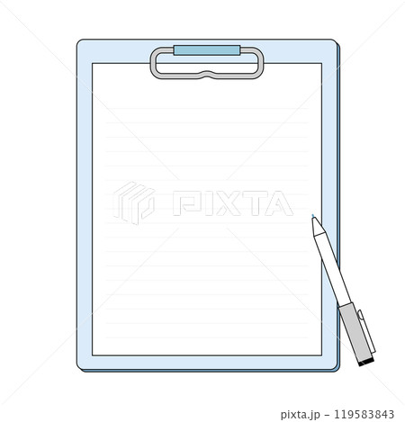 クリップボードの上にペンが置かれているイラスト。文字が入れれるコピースペースのあるフレーム。 119583843