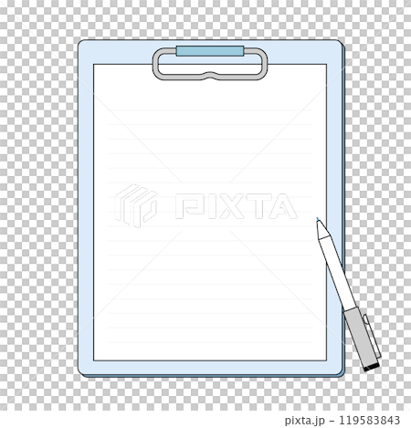 クリップボードの上にペンが置かれているイラスト。文字が入れれるコピースペースのあるフレーム。 119583843