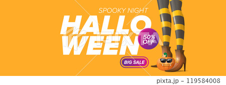Halloween big sale banner with witch legs and funky pumpkin with sunglasses on happy orange background. Halloween sale poster design template Halloween big sale banner with witch legs and funky pumpkin with sunglasses on happy orange background. Halloween sale poster design template 119584008
