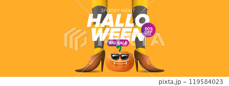Halloween big sale banner with witch legs and funky pumpkin with sunglasses on happy orange background. Halloween sale poster design template 119584023