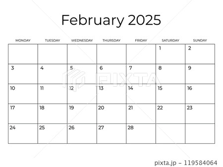 Printable Monthly Calendar Template for February 2025. Wall Calendar in a Minimalist Style. Week Starts on Monday. Simple and clean design Printable Monthly Calendar Template for February 2025. Wall Calendar in a Minimalist Style. Week Starts on Monday. Simple and clean design 119584064