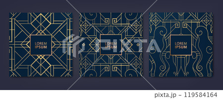 Vector set of asian style art deco geometric cards, gold on black korean, japanese backgrounds, oriental line graphic, new year ornament. 119584164