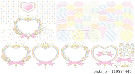 ゆめかわいいイラストフレーム枠デザイン素材 王冠・ハート・ユニコーン・リボン パステルカラー ゆめかわいいイラストフレーム枠デザイン素材 王冠・ハート・ユニコーン・リボン パステルカラー 119584446