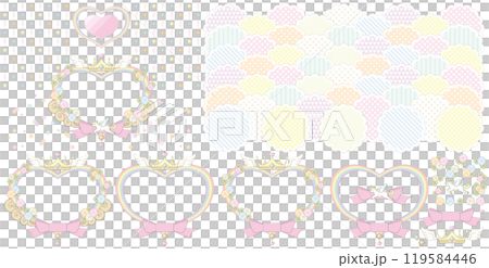 ゆめかわいいイラストフレーム枠デザイン素材 王冠・ハート・ユニコーン・リボン パステルカラー ゆめかわいいイラストフレーム枠デザイン素材 王冠・ハート・ユニコーン・リボン パステルカラー 119584446